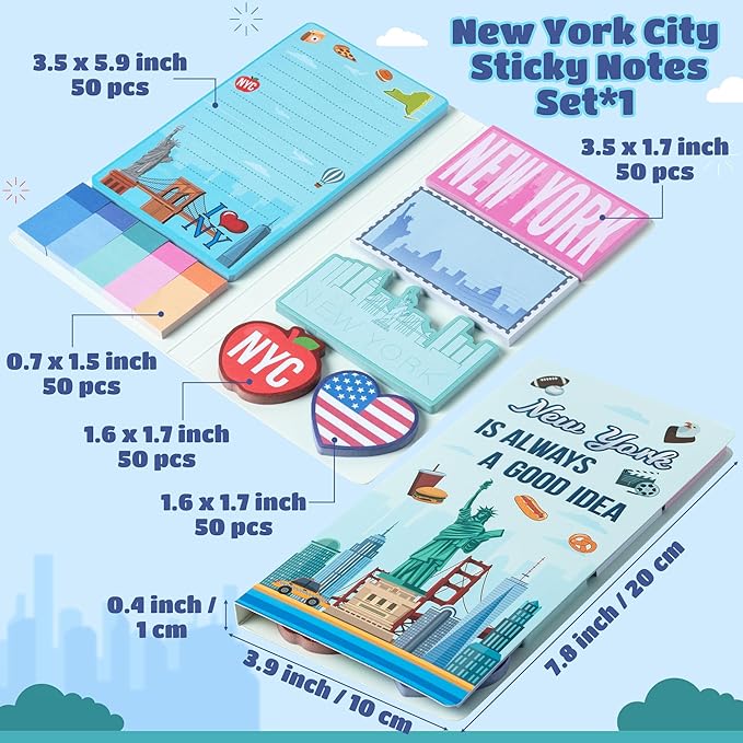 B1ykin Sticky Notes Set - Cartoon Theme Cute Self-Stick Notes Pad Teacher Appreciation Gifts, Self-Adhesive Writing Memo Pages Sticky to Do Notepad for Kids Employee School Office (New York City)