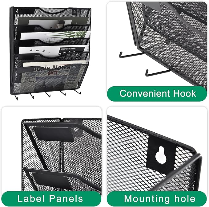 EASEPRES 5 Pocket Hanging File Organizer with Hooks, Black