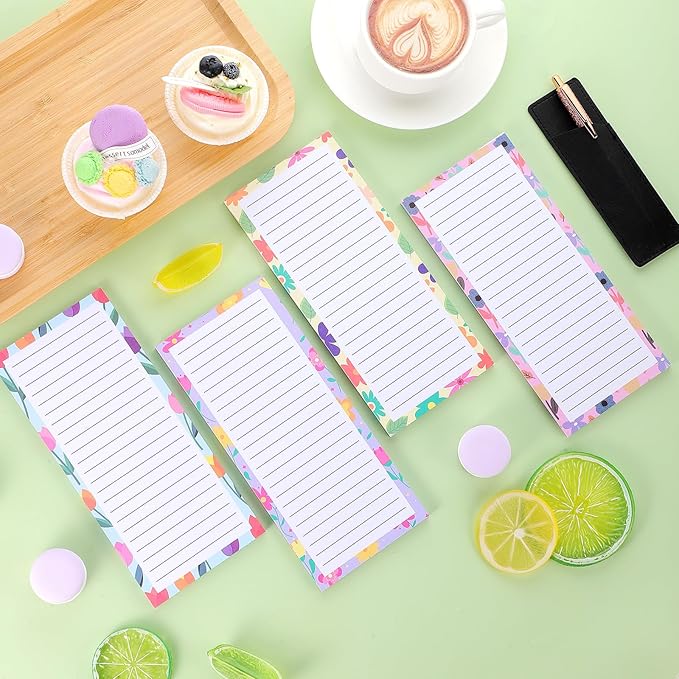 4 Pack Magnetic Note Pad for Fridge with Pen Holder, Totally 200 Sheets Grocery List Magnet Pad for Refrigerator Magnetic Shopping List Pad(Floral Design)