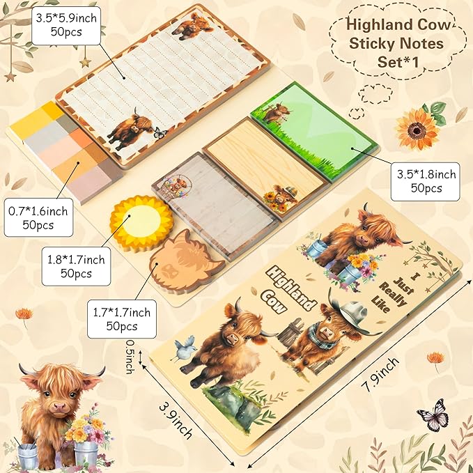 B1ykin Sticky Notes Set - Cartoon Theme Cute Self-Stick Notes Pad Teacher Appreciation Gifts, Self-Adhesive Writing Memo Pages Sticky to Do Notepad for Kids Employee School Office (Highland Cow)