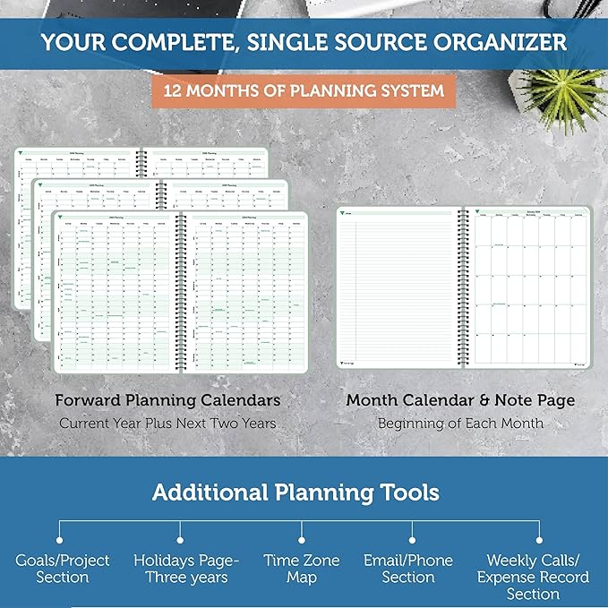 Planner Pad Spiral Bound 3-Tier Funnel Down 12 Month Organizer, Calendar Year (January - December 2024), Greenish Grey Cover/Soft Green Ink, 8 1/2" x 11"