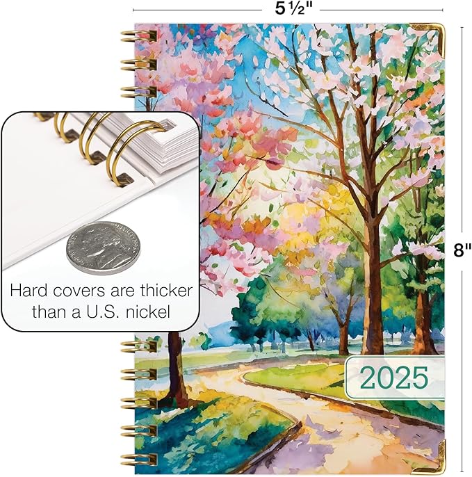 HARDCOVER 2025 Planner, 5.5"x8": 14 Months (November 2024 - December 2025), Daily Weekly Monthly Planner, Yearly Agenda, Bookmark, Pocket Folder and Sticky Note Set (Watercolor Tree)