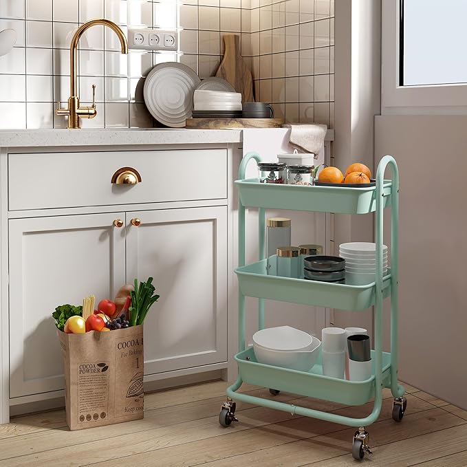 3-Tier Green Utility Rolling Cart,Kitchen Storage Carts with Wheels,Green Metal Rolling Cart for Office,Home,Kitchen,Garden๏ผ18"x11.4"x31.2"๏ผ
