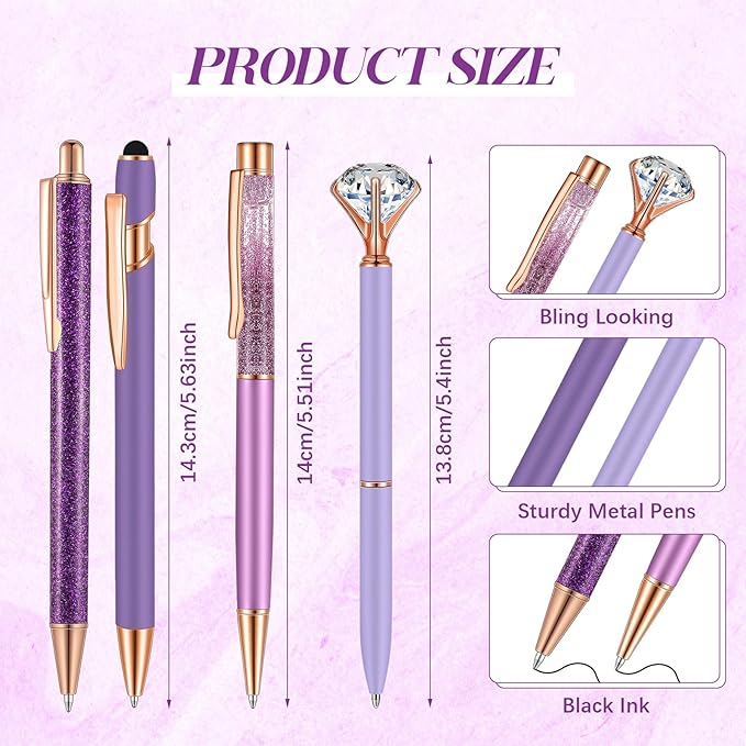 Sabary 8 Pcs Ballpoint Pens with Pen Holder for Desk Glitter Crystal Diamond Fancy Pencil Holder Bling Desk Organizer Cute Stationery Supplies for Women Girls Wedding Office School Gifts(Violet)