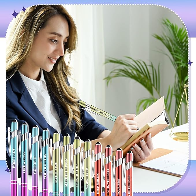 Zonon 12 Pieces Inspirational Pens Bulk Easter Basket Stuffers Motivational Quotes Ballpoint Pens with Stylus Tip Inspirational Gifts for School Office Teachers(Plating Color,Motivational Style)