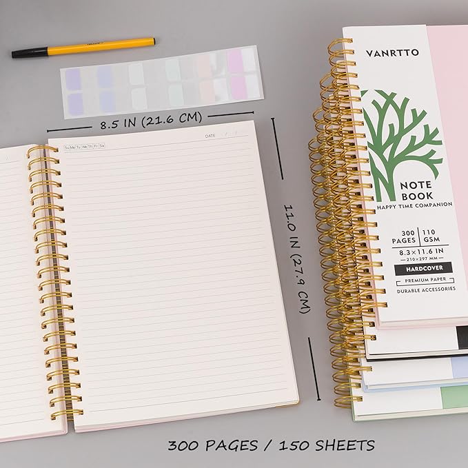 Hardcover Spiral Notebook, 8.5 x 11 IN Notebooks College Ruled, 110 GSM Thick Lined Paper Notebooks for Work, School and Travel, 300 Pages Journals for Writing, Large Journal for Women and Men Green