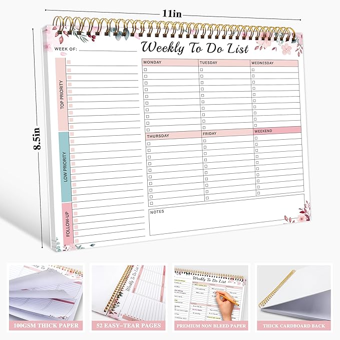 Weekly To Do List Notepad with 52 Undated Sheets(8.5"×11")- Undated Weekly Desk Planner for Women & Man, School/Office Supplies - Whispering Petal