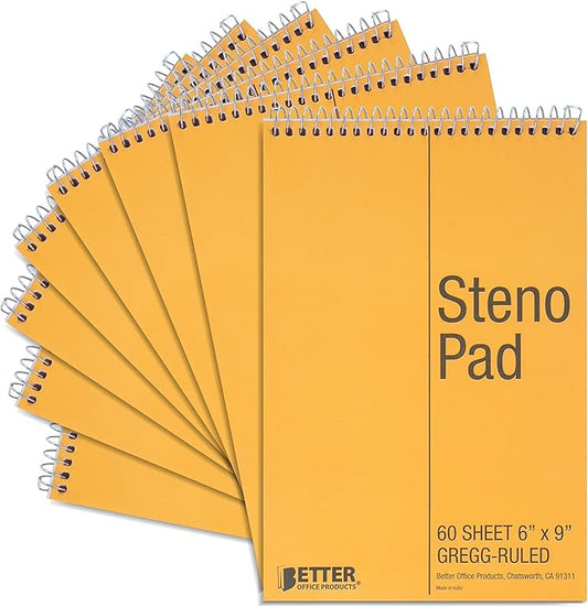 Better Office Products Spiral Steno Pads, 8 Pack, 6 x 9 inches, 60 Sheets, White Paper, Gregg Rule, Natural Board Cover, 8 Steno Notebooks