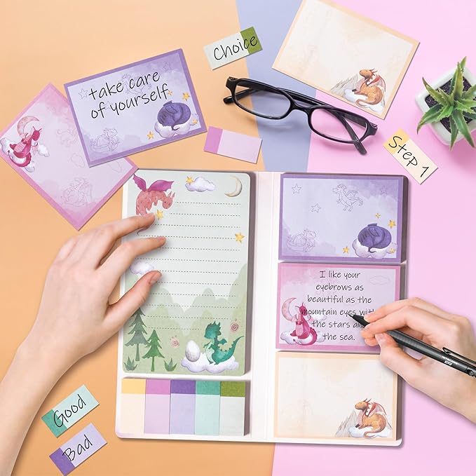 B1ykin Sticky Notes Set - Cartoon Theme Cute Self-Stick Notes Pad Teacher Appreciation Gifts, Self-Adhesive Writing Memo Pages Sticky to Do Notepad for Kids Employee School Office (Watercolor Dragon)