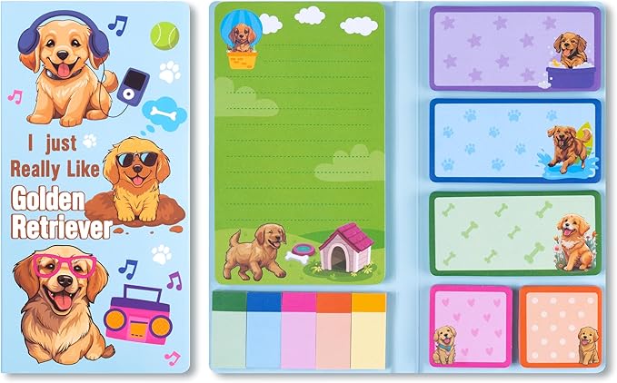 B1ykin Sticky Notes Set - Cartoon Theme Cute Self-Stick Notes Pad Teacher Appreciation Gifts, Self-Adhesive Writing Memo Pages Sticky to Do Notepad for Kids Employee School Office (Golden Retriever)