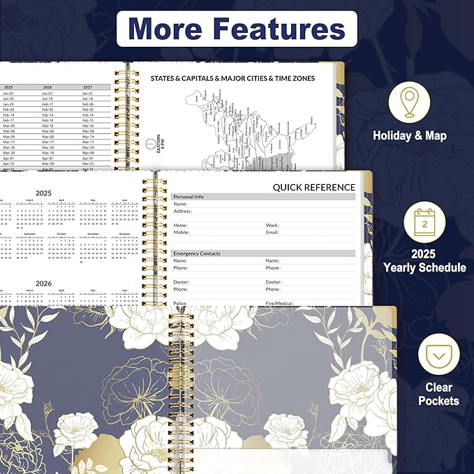 SUNEE 2025 Weekly and Monthly Planner - from January 2025 - December 2025, 8.5"x11" Daily Agenda Planner with Monthly Tab, Flexible Cover, Note Pages, Pockets, Bookmark, Spiral Binding, Dark Blue