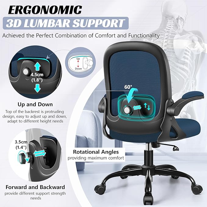 Office Chair Ergonomic Desk Chair with Adjustable 3D Lumbar Support and Height, Comfy Mesh Computer Chair with Flip-up Armrests, Swivel Rolling Task Chair with Wheels for Home Office (Navy)
