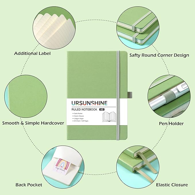 Ruled Notebook/Journal - Classic Lined Journal/Notebook, 5.3'' x 8.26'', Hardcover with Thick Paper, Banded + Pen Holder +Inner Pocket - Light Green