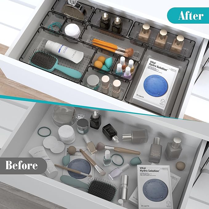 7 PCS Clear Plastic Drawer Organizers Set, 4 Size Desk Drawer Organizer Trays for Makeup, Jewelry, Kitchen Utensils, Gadgets and Office Accessories, Black