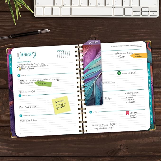 HARDCOVER 2025 Planner, 7"x9": 14 Months (November 2024 - December 2025), Daily Weekly Monthly Planner, Yearly Agenda, Bookmark, Pocket Folder and Sticky Note Set (Pastel Peacock)
