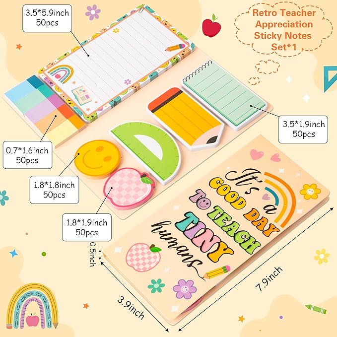B1ykin Sticky Notes Set - Cartoon Theme Cute Self-Stick Notes Pad Teacher Appreciation Gifts, Self-Adhesive Writing Memo Pages Sticky to Do Notepad for Kids Employee School Office (Retro Teacher)