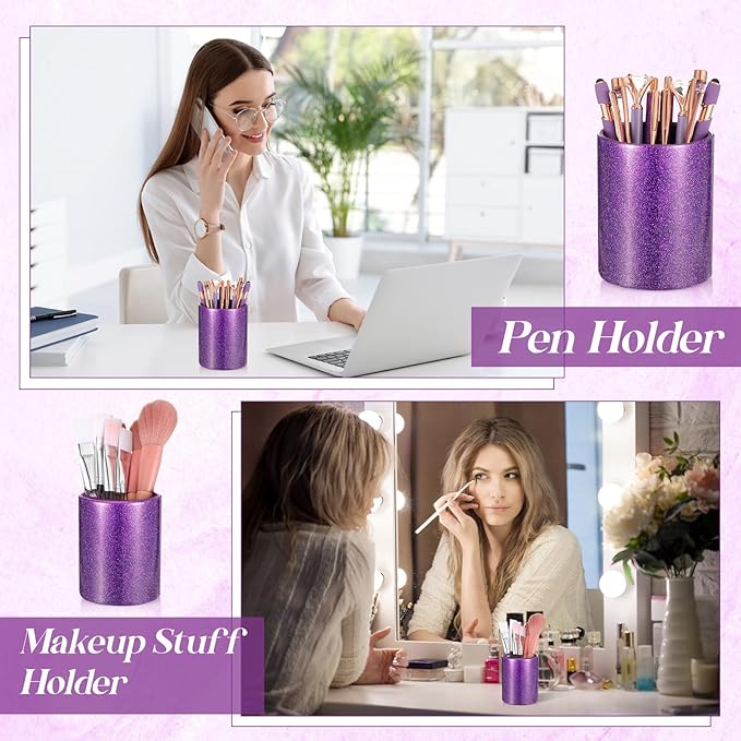 Sabary 8 Pcs Ballpoint Pens with Pen Holder for Desk Glitter Crystal Diamond Fancy Pencil Holder Bling Desk Organizer Cute Stationery Supplies for Women Girls Wedding Office School Gifts(Violet)