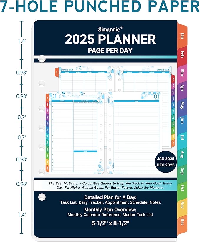 2025 Planner Refills - JAN - DEC 2025 Planner, Two Pages Per Day Daily & Monthly Planner, 5.5" x 8.4", Ring-Bound Organizer, Daily Tracker & Schedule, Colorful Tabs