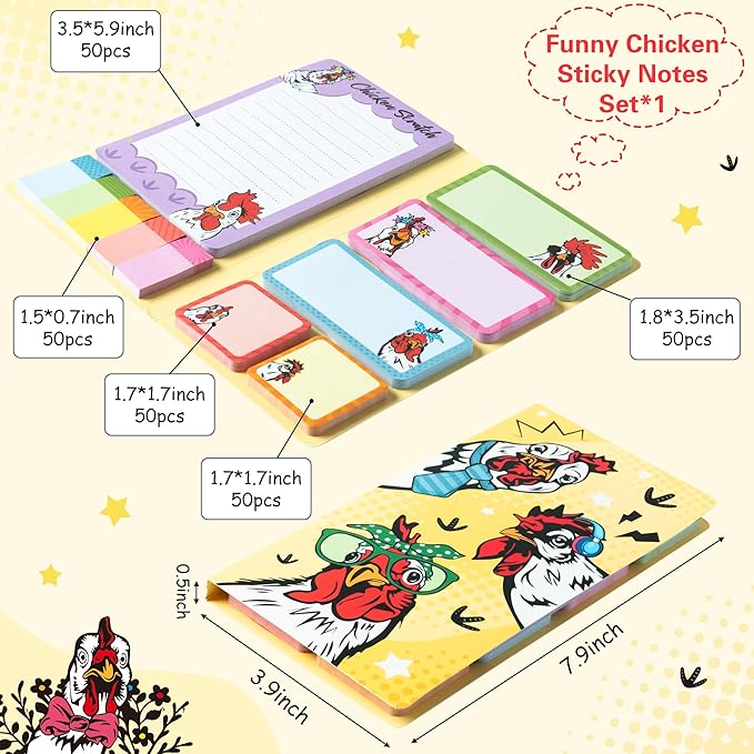 B1ykin Sticky Notes Set - Cartoon Theme Cute Self-Stick Notes Pad Teacher Appreciation Gifts, Self-Adhesive Writing Memo Pages Sticky to Do Notepad for Kids Employee School Office (Funny Chicken)