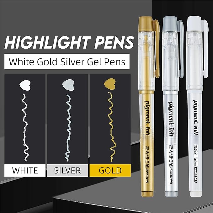 3 Colors Gel Pen Set, 6 Pack, 0.7mm Extra Fine Point,White,Gold and Silver Gel Ink Pens for Artists,White Pens for Black Paper,Artists Drawing,Journaling, Coloring  