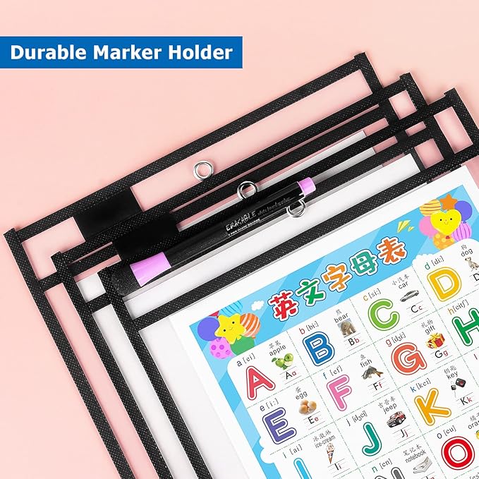 Tamaki 8 Pack Dry Erase Pockets Sleeves with Rings, 10 x 14 Inch Ticket Holders Clear Plastic Sleeves Sheet Protectors for Teacher Classroom Sleeves, Black