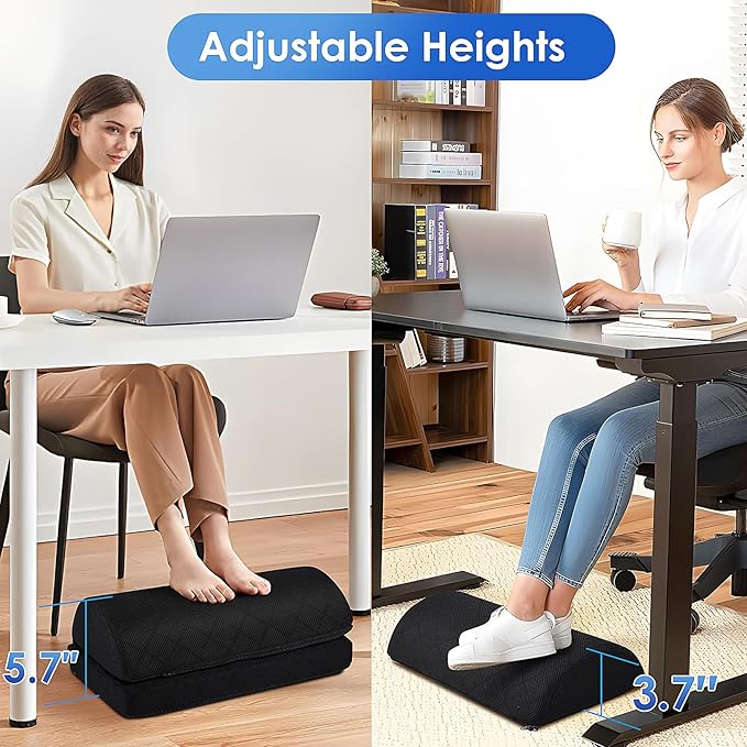Foot Rest for Under Desk at Work Adjustable Foam for Office and Home, Office Desk Accessories,Comfortable Footrest with 2 Adjustable Heights,Back & Hip Pain Relief (Black)