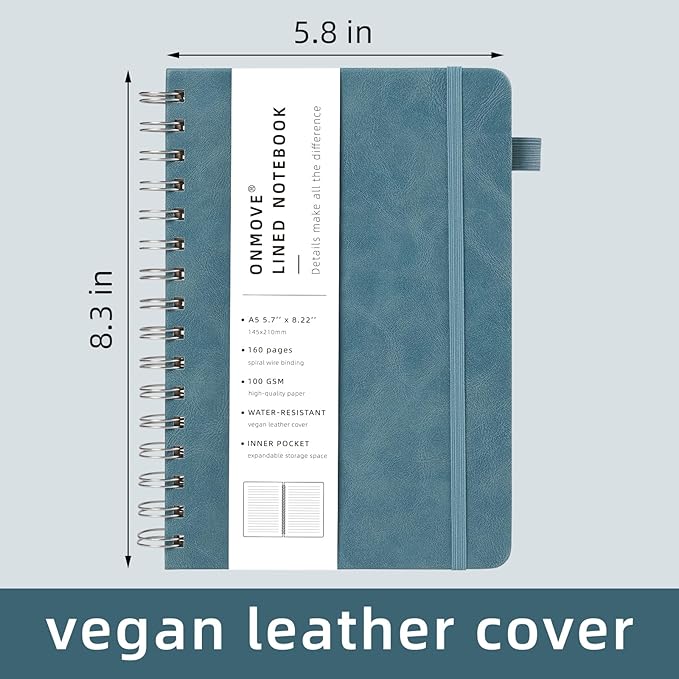 Lined Spiral Notebook Journal for Women Men 160 Pages A5 College Ruled Hardcover Leather with Pen Holder Notebook Journals for Note Taking Work Sky Blue