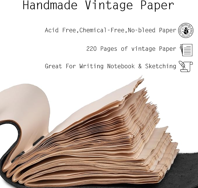 LEATHER VILLAGE Leather Bound Journal - Black, 8"X6", 220 Pages - Vintage Blank Paper Diary for Writing, Drawing, Sketchbook, and Travel Notebook - Ideal for Women and Men