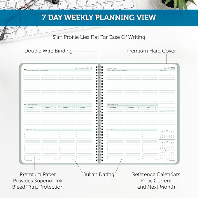 Planner Pad Spiral Bound July 2024 – June 2025 / Academic Year, 8 1/2" x 11" Large, 3-Tier Funnel Down 12 Month Organizer, Greenish Grey Cover/Soft Green Ink