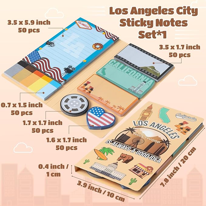 B1ykin Sticky Notes Set - Cartoon Theme Cute Self-Stick Notes Pad Teacher Appreciation Gifts, Self-Adhesive Writing Memo Pages Sticky to Do Notepad for Kids Employee School Office (Los Angeles City)