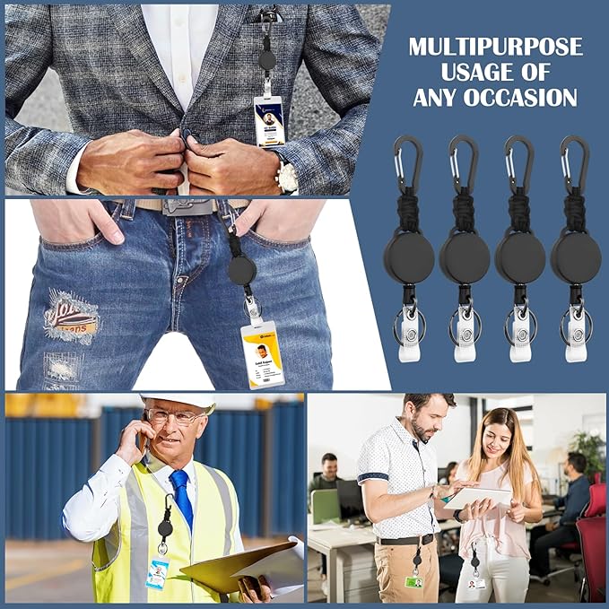 Retractable Keychain 4 Pack Heavy Duty Key Rings Retractable Lanyard Badge Holder with Steel Cord Carabiner ID Holder Lanyard Retractable Key Fob Key Ring