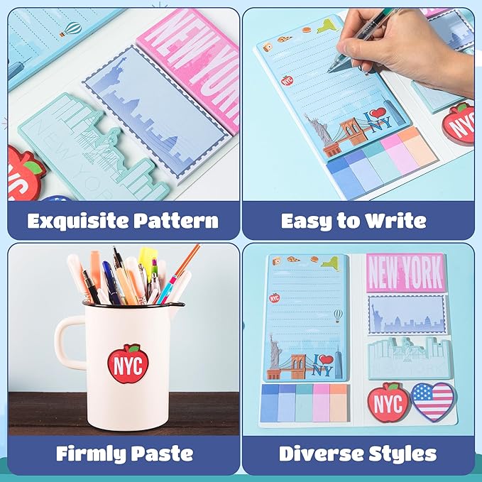 B1ykin Sticky Notes Set - Cartoon Theme Cute Self-Stick Notes Pad Teacher Appreciation Gifts, Self-Adhesive Writing Memo Pages Sticky to Do Notepad for Kids Employee School Office (New York City)