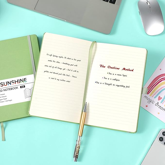 Ruled Notebook/Journal - Classic Lined Journal/Notebook, 5.3'' x 8.26'', Hardcover with Thick Paper, Banded + Pen Holder +Inner Pocket - Light Green