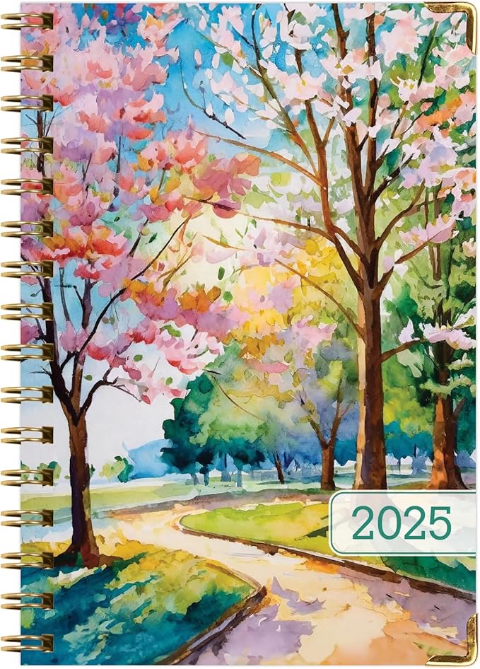 HARDCOVER 2025 Planner, 5.5"x8": 14 Months (November 2024 - December 2025), Daily Weekly Monthly Planner, Yearly Agenda, Bookmark, Pocket Folder and Sticky Note Set (Watercolor Tree)