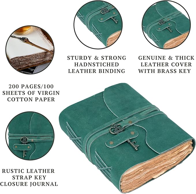 LEATHER VILLAGE Vintage Leather Journal – 200 Handmade Vintage Deckle Edge Paper – Leather bound Journal For Women Men – Vintage Key Closure - Book of Shadows - Turquoise - 13X8 inches