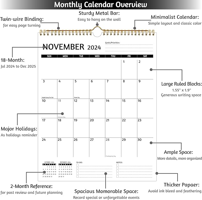Wall Calendar 2025 – Calendar 2025 Wall, 12 Monthly Calendar, Jan 2024 - Dec 2025, 11.5 x 14.5 In, 2025 Calendar with Large Blocks, Thick Paper, Holidays, To-do & Notes, Great for Organizing