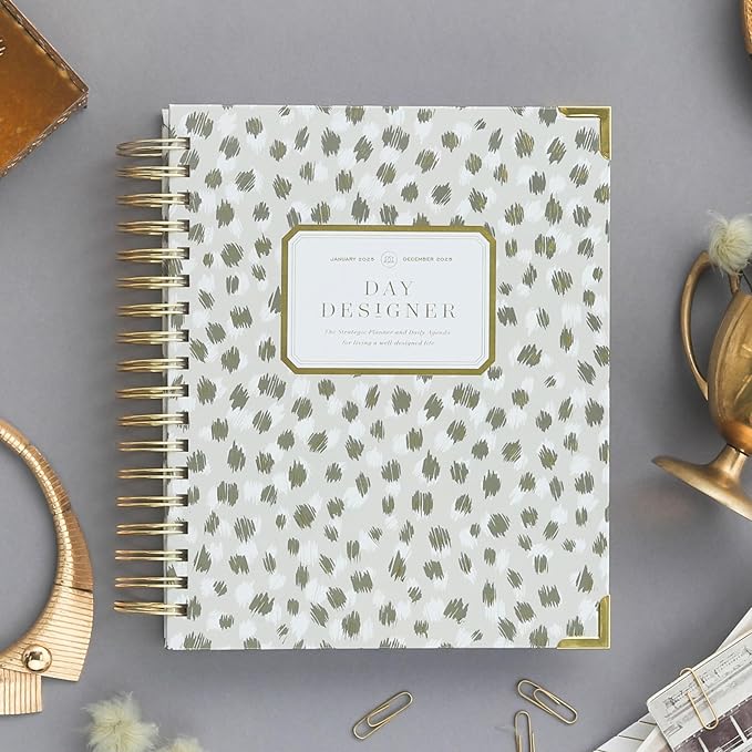 Day Designer 2025 Daily Planner – Premium Planner for Stylish Organization. Combines Monthly Calendar, Hourly Schedule, To-Do List, Gratitude, Goal Setting, Inspirational Quotes, Stickers & More. Elegant laminated Cover with Gold Accents (Chic)