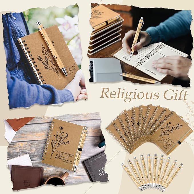 200 Pcs Bible Verse Spiral Notebook with Bamboo Christian Ballpoint Pens Aesthetic Religious Notepads Inspirational Journals Easter Christian Gifts for Women Men Office (Special Style)