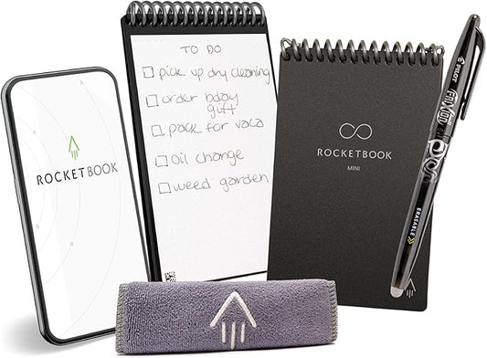 Rocketbook New Mini Reusable Smart Notepad, Pocket Size Notebook 3.5x5.5, Black - Dotted Pages, App-Connected, Erasable, Ideal for On-The-Go List Taking & Quick Notes Anywhere