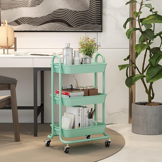 3-Tier Green Utility Rolling Cart,Kitchen Storage Carts with Wheels,Green Metal Rolling Cart for Office,Home,Kitchen,Garden๏ผ18"x11.4"x31.2"๏ผ