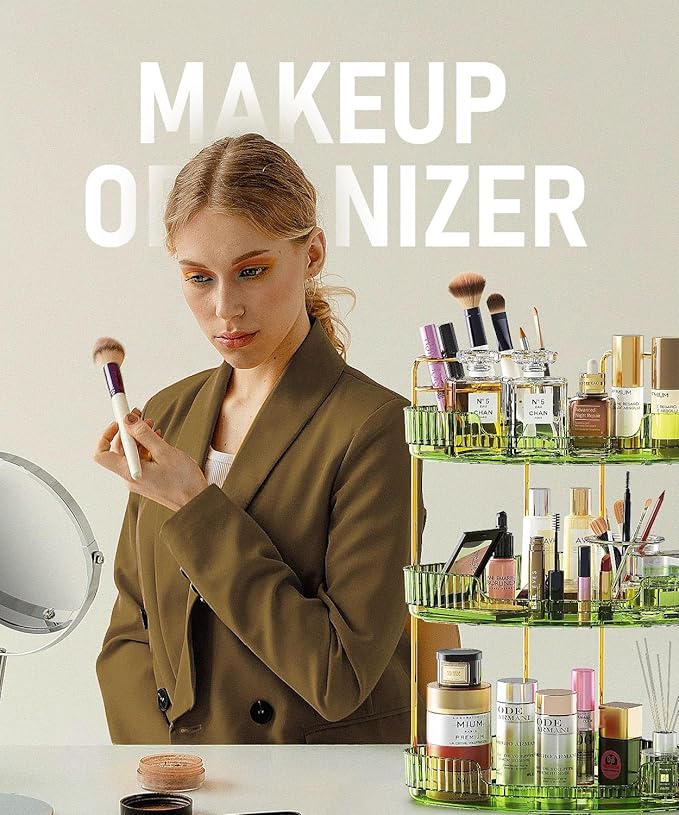 3-Tier Corner Bathroom Counter Organizer Makeup Cosmetic Storage, Tool-Free Installation Acrylic Vanity Shelf, Skin Care Organizer Perfume Tray for Countertop Bathroom, Dresser, Kitchen (Green)