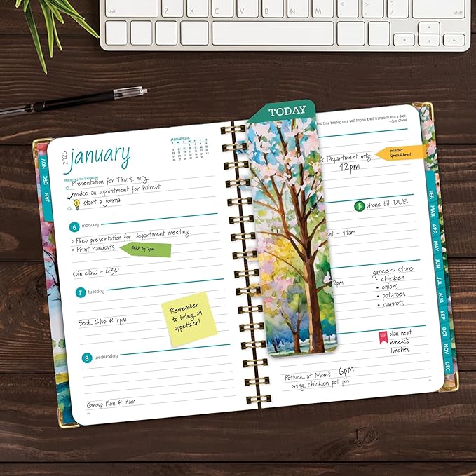 HARDCOVER 2025 Planner, 5.5"x8": 14 Months (November 2024 - December 2025), Daily Weekly Monthly Planner, Yearly Agenda, Bookmark, Pocket Folder and Sticky Note Set (Watercolor Tree)