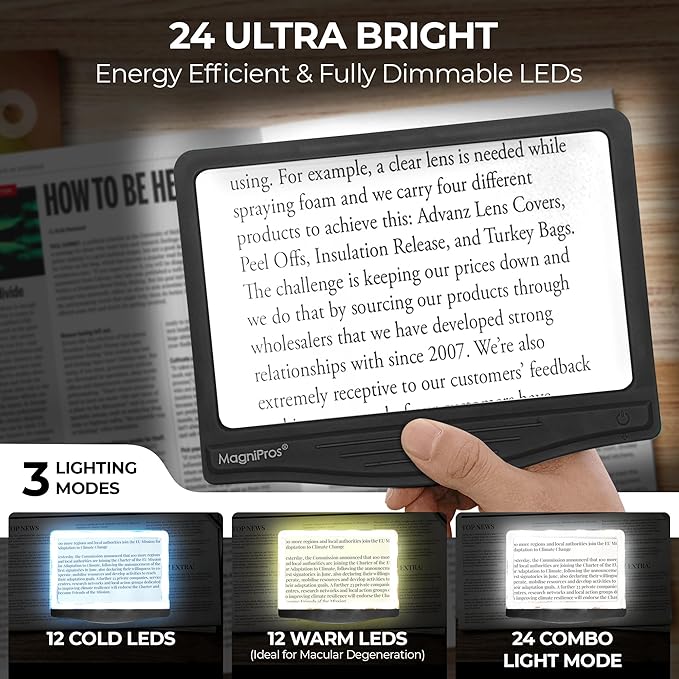 MAGNIPROS 5X Large LED Page Magnifier for Reading Magnifying Glass Reader with 3 Color Lighting Modes & Anti-Glare Lens to Reduce Eye Strain-Perfect for Fine Print, Aging Eyes, Low Vision and Seniors