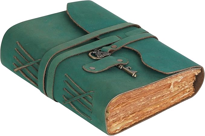 LEATHER VILLAGE Vintage Leather Journal – 200 Handmade Vintage Deckle Edge Paper – Leather bound Journal For Women Men – Vintage Key Closure - Book of Shadows - Turquoise - 13X8 inches