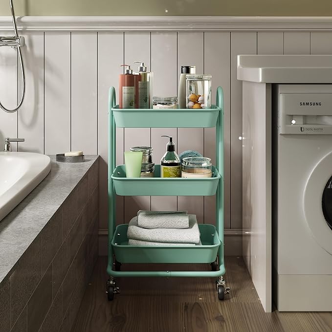 3-Tier Green Utility Rolling Cart,Kitchen Storage Carts with Wheels,Green Metal Rolling Cart for Office,Home,Kitchen,Garden๏ผ18"x11.4"x31.2"๏ผ