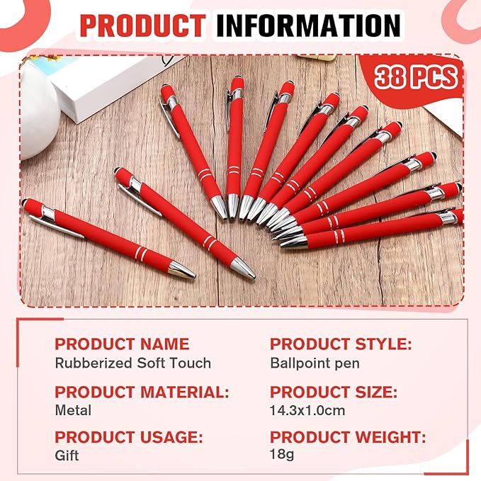 Zonon 38 Pieces Rubberized Ballpoint Pen with Stylus Tip Stylish Metal Pen Capactive Styli with Soft Rubberized Grip, Black Ink for Most Devices(Red)