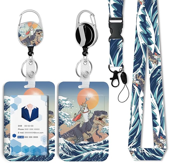 Funny Surfing Cat Badge Holder with Retractable Reel and Breakaway Lanyard,Badge Clips Retractable Heavy Duty Badge Reel,ID Holder with Breakaway Lanyard for School Nurse Office Teen