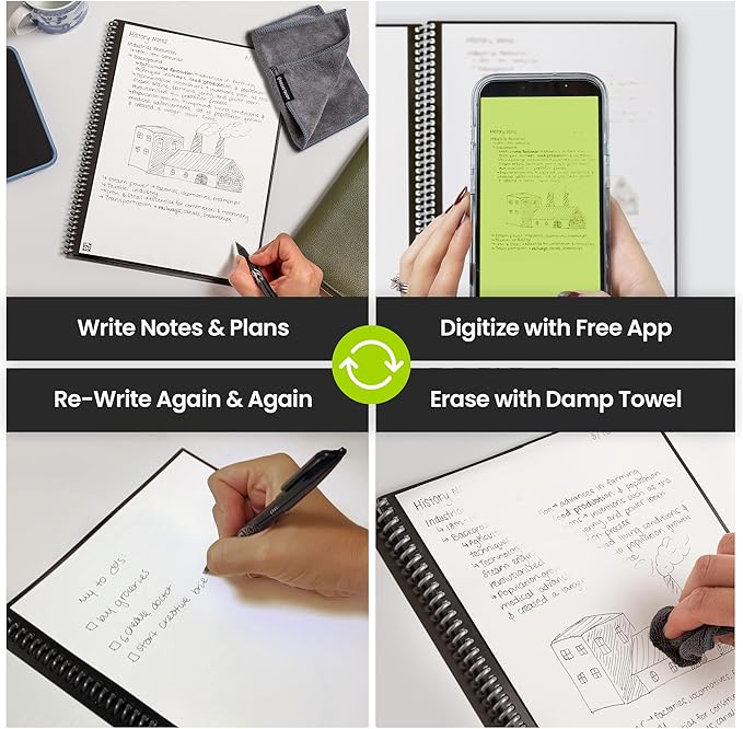 Rocketbook Fusion Reusable Undated Productivity Planner, Letter Size 8.5x11, Green - Goals, Monthly and Weekly Calendar, Daily To-do List, Lined and Dotted Notes Pages