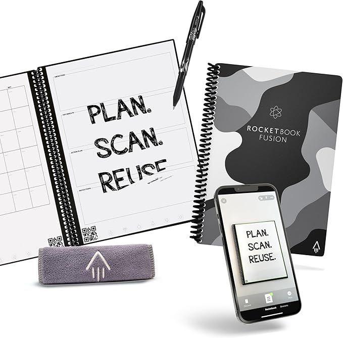 Rocketbook Fusion Reusable Undated Productivity Planner, Executive Size 6x8.8, Camo - Goals, Monthly and Weekly Calendar, Daily To-do List, Lined and Dotted Notes Pages