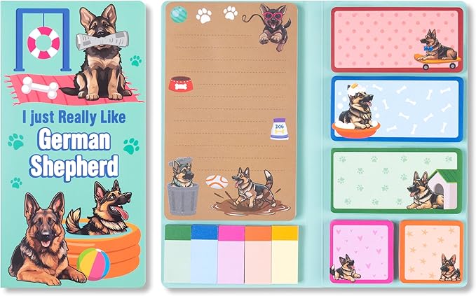 B1ykin Sticky Notes Set - Cartoon Theme Cute Self-Stick Notes Pad Teacher Appreciation Gifts, Self-Adhesive Writing Memo Pages Sticky to Do Notepad for Kids Employee School Office (German Shepherd)